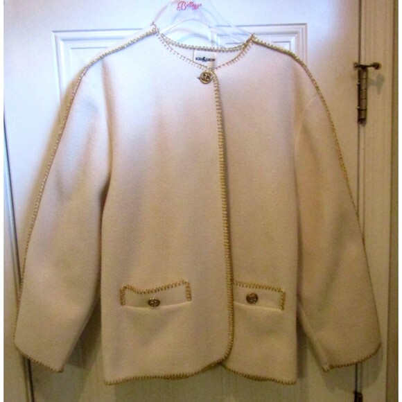 Aqua Sheen Cardigan Vintage Eggshell White Polar Fleece Sweater Gold Trim Size L - Picture 7 of 13